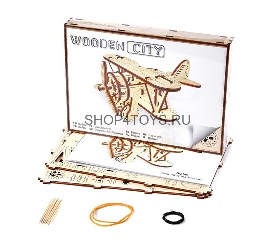Деревянный механический 3D-пазл Wooden City Самолет Биплан - WR304 Деревянный механический 3D-пазл Wooden City Самолет Биплан - WR304